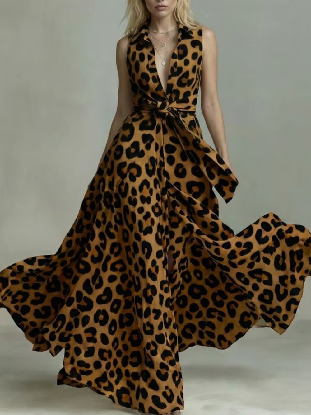 Leopard Print Sleeveless Maxi Dress Tie Waist Vintage Style
